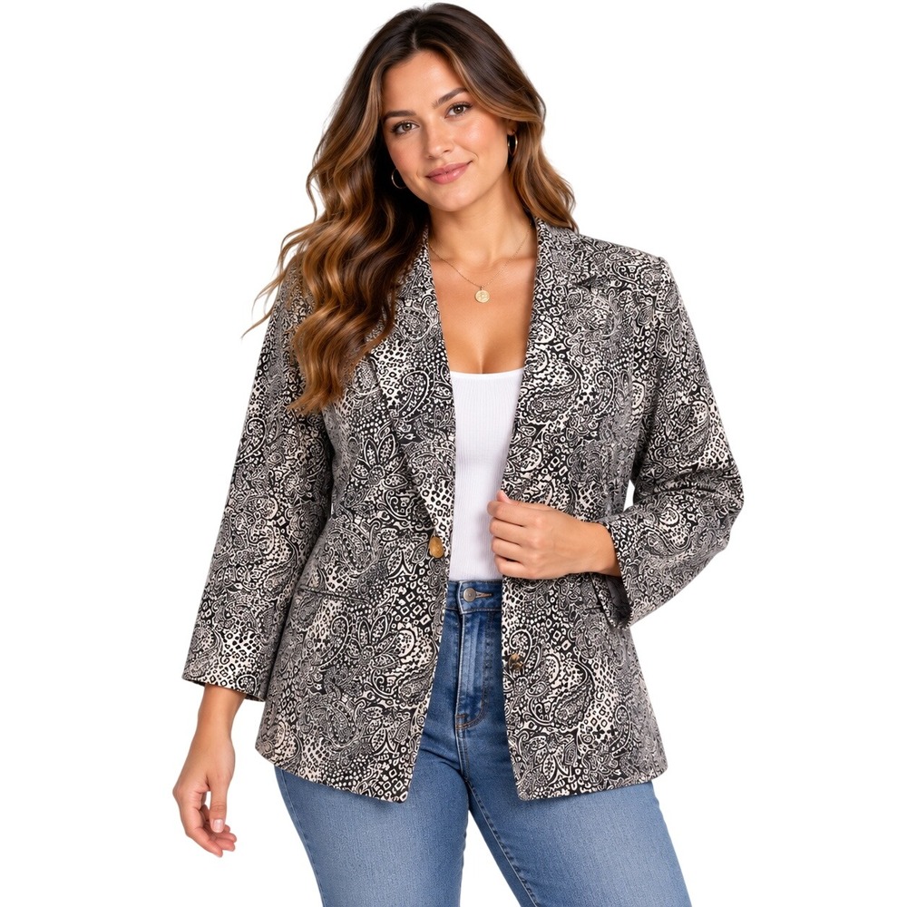 Anne Klein Womens Navy Blue White Paisley Single Button Blazer Jacket Size L